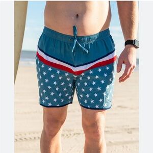 Burlebo American Flag Mens Swim Shorts Red White Blue Drawstring Size Small